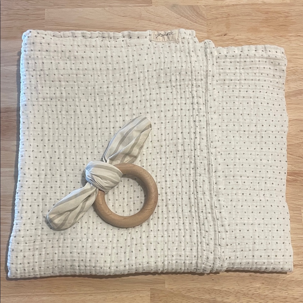 Pehr Organic Polka Dot Swaddle and Wooden Teether Crinkle Toy Bundle